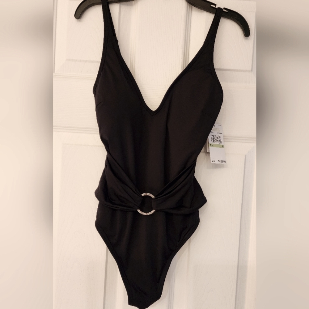 Michael Michael Kors One Piece V-Neck Swimsuit In Black Size 8 - Picture 3 of 10